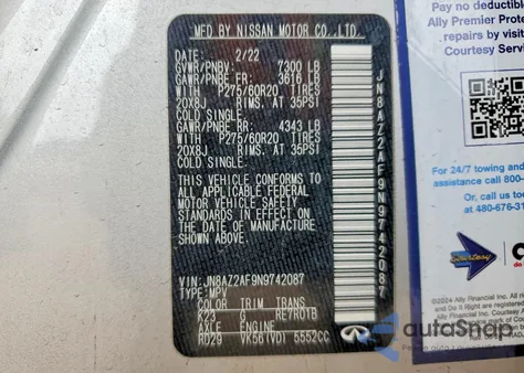 2022 Infiniti Qx80 Luxe из США, поврежденный, VIN JN8AZ2AF9N9742087